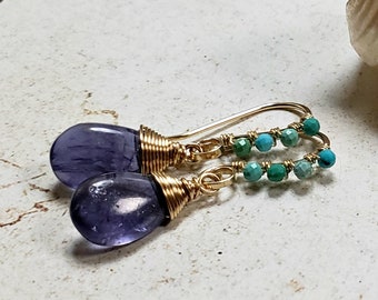 Iolite Drop Earrings, Turquoise Iolite Earrings, Purple Turquoise Dangle Earrings