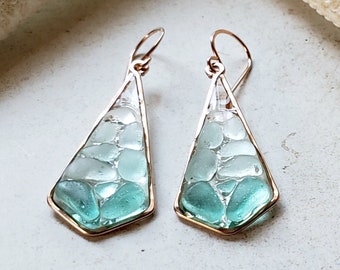 Teal Sea Glass Earrings, Geometric Beach Glass Drops, Mosaic Glass Earrings