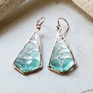 Teal Sea Glass Earrings, Geometric Beach Glass Drops, Mosaic Glass Earrings