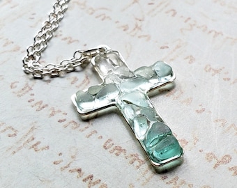 Beach Glass Cross Necklace, Religious Sea Glass Pendant, Hawaiian Sea Glass Necklace