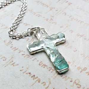 Beach Glass Cross Necklace, Religious Sea Glass Pendant, Hawaiian Sea Glass Necklace