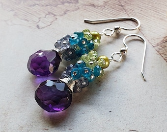 Amethyst Cluster Earrings, Peacock Gemstone Dangle Earrings, Tanzanite Dangle