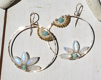 Large Moonstone Hoops, Moonstone Mandala Earrings, Larimar Hoop Earrings