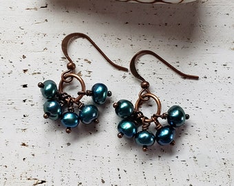 Teal Pearl Cluster Earrings, Tiny Pearl Hoops, Copper Pearl Earrings