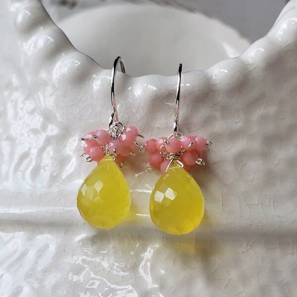 Pink Yellow Cluster Earrings, Pink Coral Dangle Earrings, Peach Yellow Gemstone Cluster