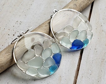 Sea Glass Hoop Earrings, Cobalt Blue Beach Glass Earrings, Aqua Sea Glass Hoops