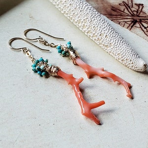 Turquoise Coral Cluster Dangle, Peach Coral Branch Dangle, Pink Coral Turquoise Earrings