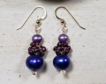 Large Blue Pearl Earrings, Blue Purple Pearl Dangle, Purple Pearl Cluster Earrings