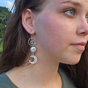 Crescent Moon Pearl Earrings, Crystal Moon Earrings, Mother of Pearl Moon Dangle