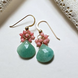 Peach Coral Amazonite Earrings, Peach Mint Earrings, Mint Coral Earrings, Aqua Peach Dangle gold filled