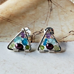 Tiny Triangle Studs, Minimalist Gem Stud Earrings, Peacock Gemstone Studs, Woven Gemstone Earrings