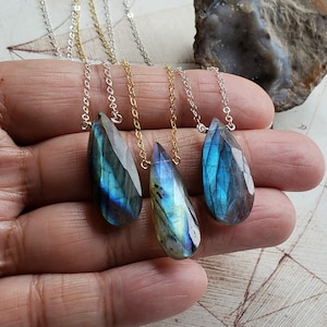Labradorite Teardrop Necklace, Large Labradorite Necklace, Flashy Labradorite Pendant