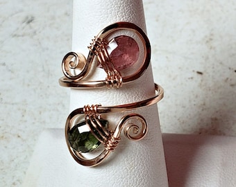 Tourmaline Wire Ring, Adjustable Watermelon Tourmaline Ring, Paisley Wire Ring, October Birthstone Ring