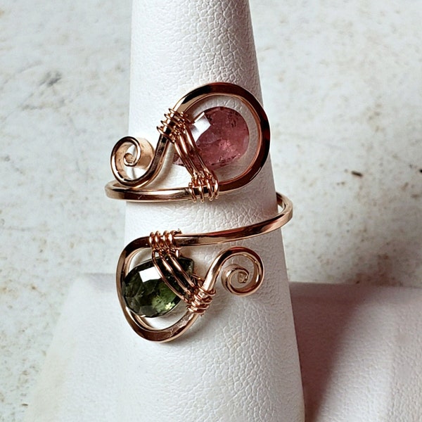 Tourmaline Wire Ring, Adjustable Watermelon Tourmaline Ring, Paisley Wire Ring, October Birthstone Ring