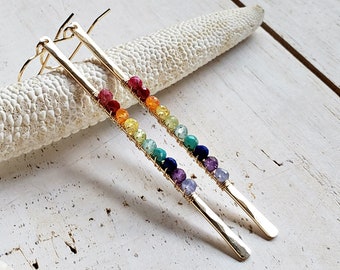 Rainbow Gemstone Bar Earrings, Dainty Gemstone Dangle, ROYGBIV Stick Earrings