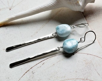 Larimar Dangle Earrings, Larimar Bar Earrings, Larimar Nugget Drops