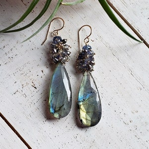 Extra Large Labradorite Earrings, Labradorite Cluster Dangle, Kyanite Pearl Cluster