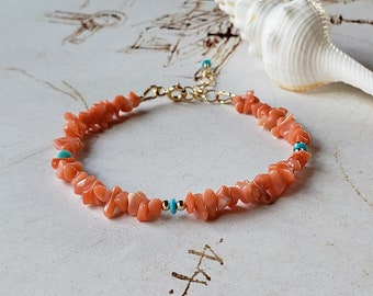 Turquoise Coral Bracelet, Pink Coral Chip Bracelet, Sleeping Beauty Turquoise Bracelet