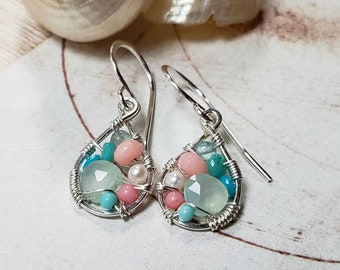 Pink Mint Gemstone Dangle, Tiny Woven Gemstone Hoops, Coral Aqua Earrings