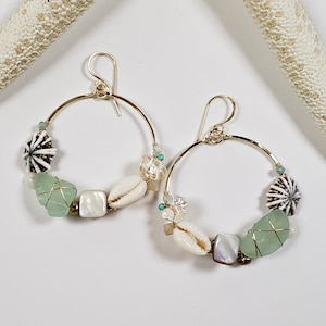 Sea Glass Opihi Earrings, Aqua Beach Glass Hoops, Beachy Bohemian Earrings: Mermaid's Circle of Friends