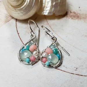 Pink Mint Gemstone Dangle, Tiny Woven Gemstone Hoops, Coral Aqua Earrings