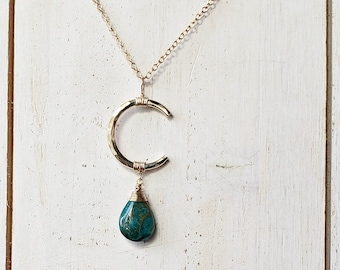 Chrysocolla Moon Necklace, Hammered Crescent Necklace, Blue Green Celestial Necklace