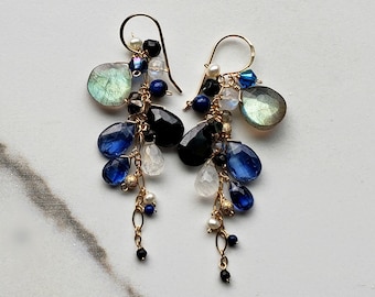 Blue Grey Cluster Earrings, Labradorite Dangle, Grey Gemstone Cluster Dangle, Moonstone Cluster Earrings