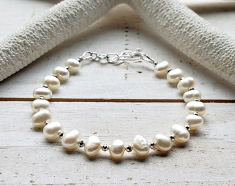 Adjustable White Pearl Bracelet, Oval Freshwater Pearl Anklet, Bridal Pearl Bracelet, Pearl Pyrite Bracelet