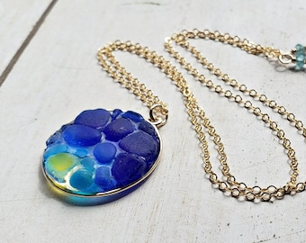 Blue Yellow Beach Glass Necklace, Sunrise Sea Glass Necklace, Cornflower Sea Glass Pendant