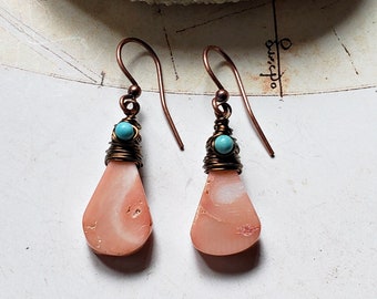 Peach Turquiose Drop Earrings, Orange Coral Drops, Turquoise Coral Dangle Earrings