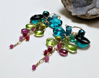 Teal Green Dangle Oorbellen, Ruby Sapphire Cluster, Toermalijn Cluster Dangle Oorbellen