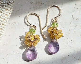 Purple Yellow Cluster Earrings, Yellow Sapphire Earrings, Pink Amethyst Peridot Cluster