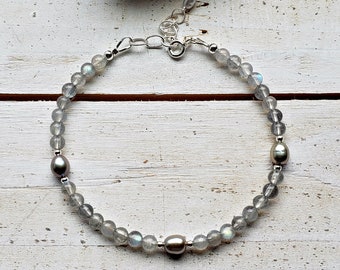 Labradorite Pearl Bracelet, Grey Pearl Gemstone Bracelet, Grey Labradorite Anklet