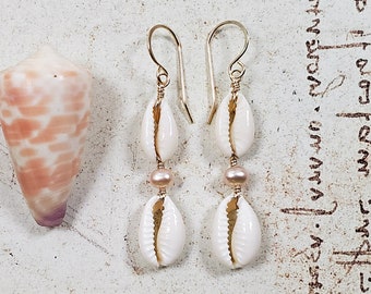 Cowrie Pearl Earrings, Pink Pearl Dangle, Cowrie Dangle Earrings