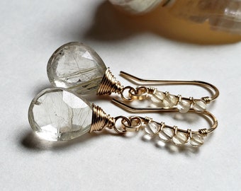 Golden Rutilated Quartz Earrings, Citrine Dangle Earrings, Gold Rutile Quartz Drops