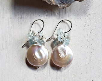 Coin Pearl Aquamarine Cluster, Pearl Aquamarine Earrings, Aquamarine Pearl Cluster Dangle