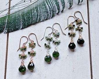 Green Tourmaline Dangle, Verdelite Earrings, Dark Green Tourmaline Cluster