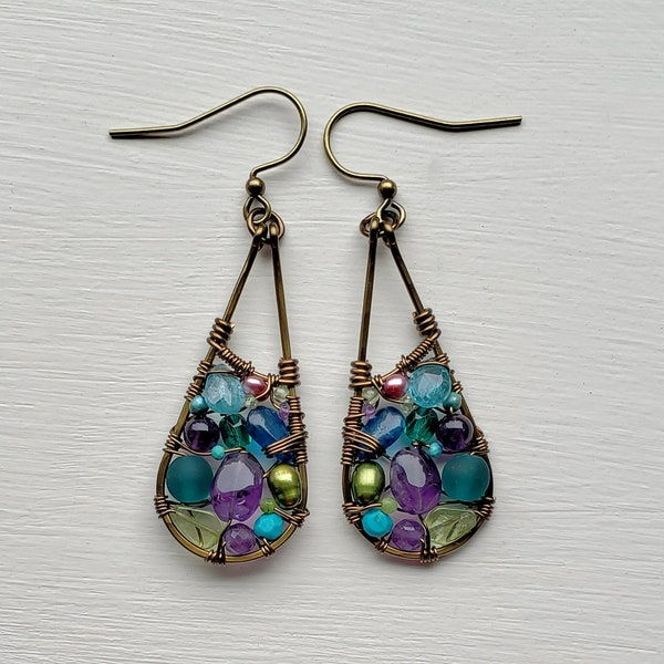 Peacock Copper Hoops, Blue Purple Gemstone Earrings, Woven Amethyst Hoops