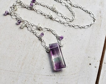 Purple Green Fluorite Necklace, Prehnite Necklace, Rectangle Purple Fluorite Pendant