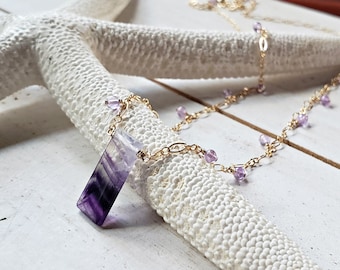 Purple Fluorite Necklace, Fluorite Amethyst Necklace, Purple Rectangle Pendant