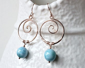 Large Larimar Earrings, Koru Hoop Earrings, Larimar Koru Earrings, Dolphin Stone Hoops:  Ready Made