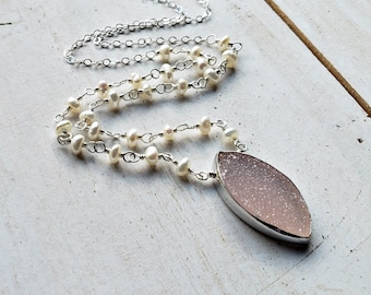 Silver Pink Druzy Necklace, Pink Marquise Druzy Pendant, Druzy White Pearl Necklace