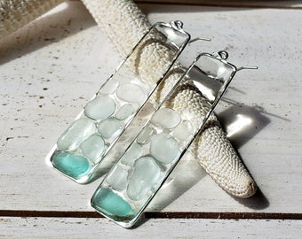 Rectangle Beach Glass Earrings, Aqua Sea Glass Drops, Long Glass Resin Earrings E2107 E2114 E2115