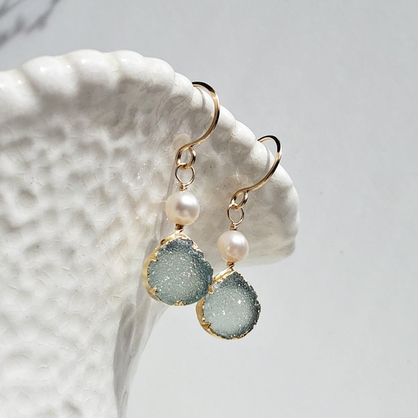 Boucles d’oreilles Pale Aqua Druzy, Druzy Heart Drops, Boucles d’oreilles Pearl Druzy