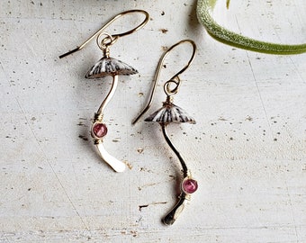 Mushroom Gemstone Earrings, Fungi Earrings, Ophi Shell Dangle, Botanical Gemstone Earrings, Gift For Mycologist