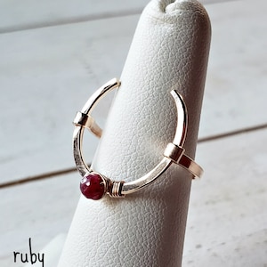 Gemstone Moon Ring, Hammered Crescent Moon Ring, Half Moon Wire Ring, Lunar Ring