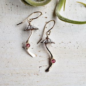Mushroom Gemstone Earrings, Fungi Earrings, Ophi Shell Dangle, Botanical Gemstone Earrings, Gift For Mycologist pink tourmaline