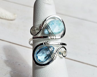 Swiss Blue Topaz Wire Ring, Adjustable Larimar Ring, Paisley Wire Ring, Larimar Topaz Ring