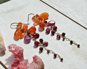 Carnelian Ruby Earrings, Ruby Garnet Dangle, Orange Pink Cluster