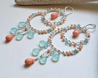 Beach Chandelier Earrings, Pink Mint Hoops, Pink Coral Chandelier